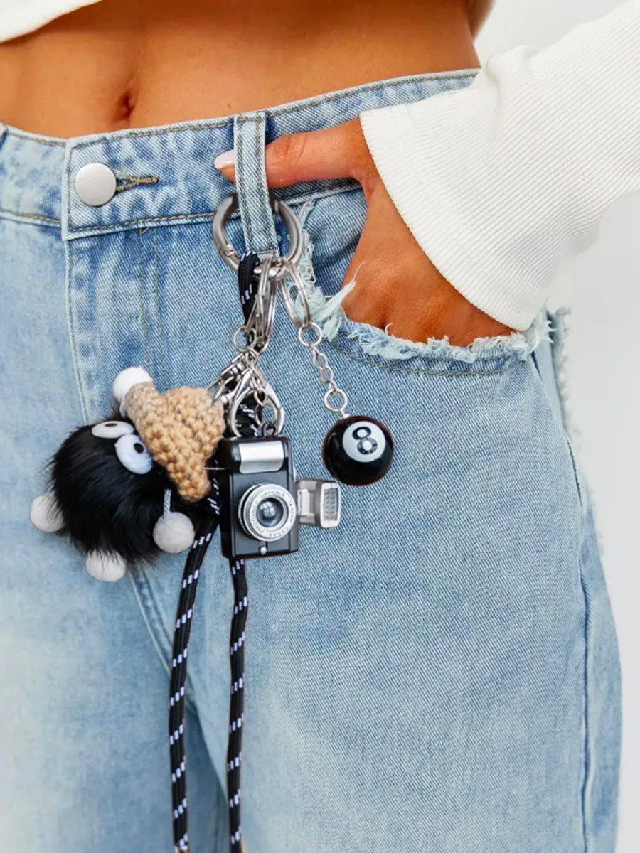 Bijou de sac, peluche noire chapeau, mini appareil photo, boule 8, corde tressée, porte-clés, modèle Labu