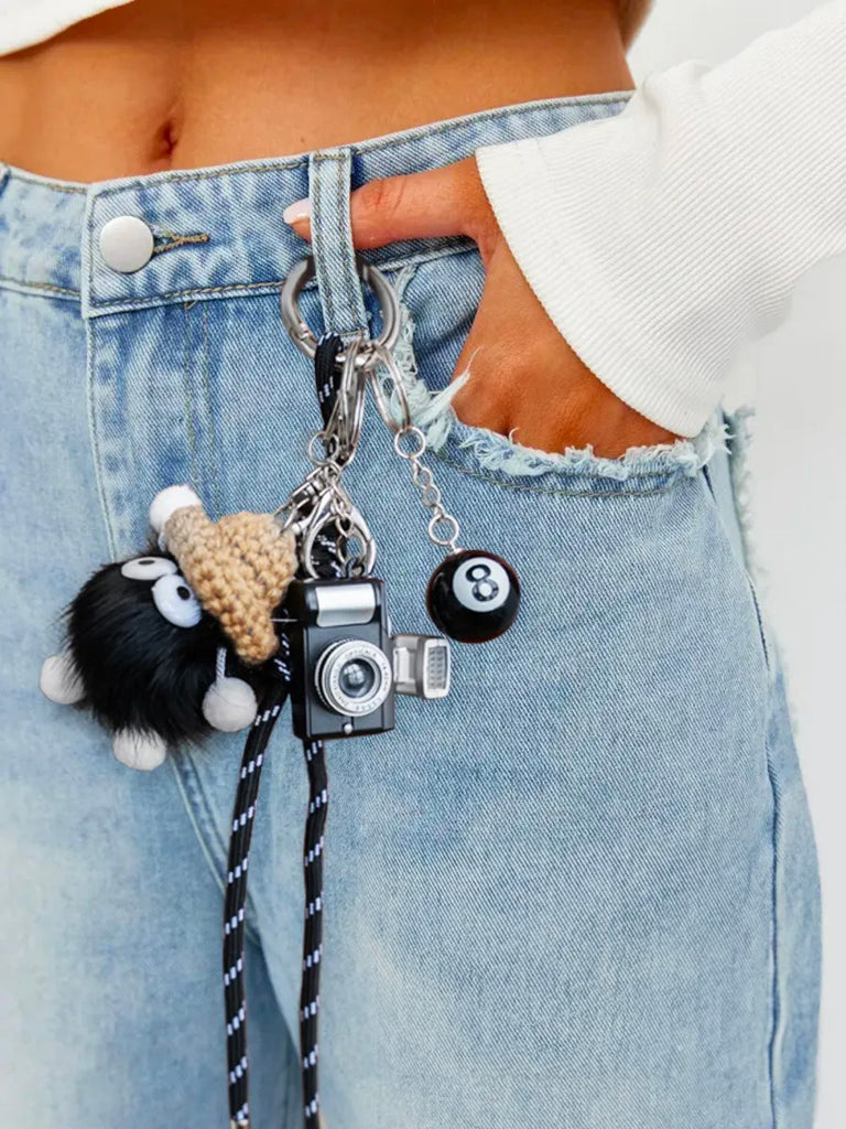 Bijou de sac, peluche noire chapeau, mini appareil photo, boule 8, corde tressée, porte-clés, modèle Labu