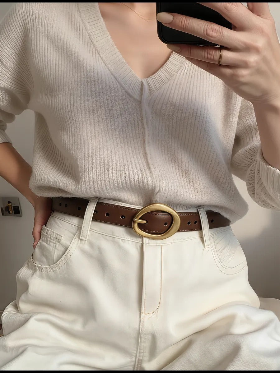 Ceinture femme en cuir, boucle dorée arrondie moderne, ceinture fine classique, accessoire mode 2025, modèle Adla