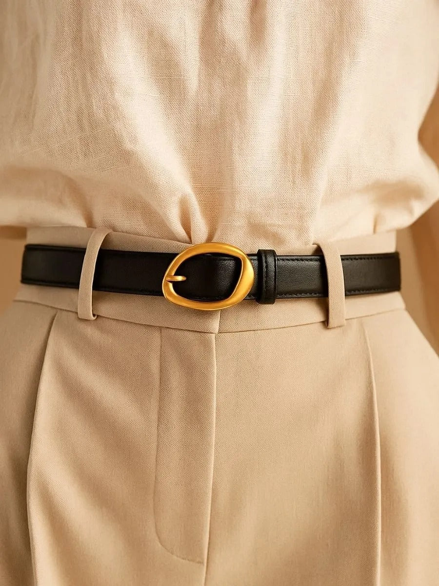Ceinture femme en cuir, boucle dorée arrondie moderne, ceinture fine classique, accessoire mode 2025, modèle Adla