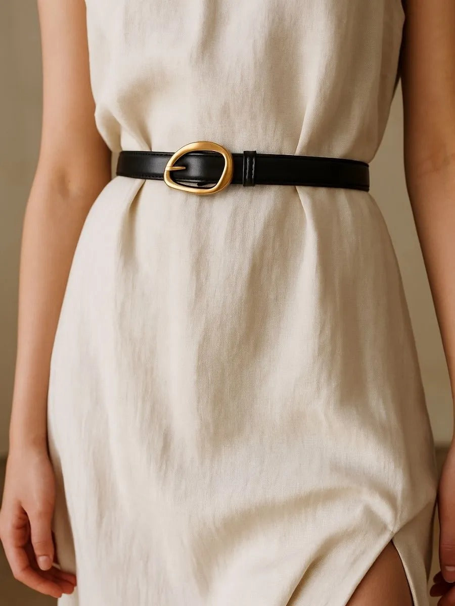 Ceinture femme en cuir, boucle dorée arrondie moderne, ceinture fine classique, accessoire mode 2025, modèle Adla
