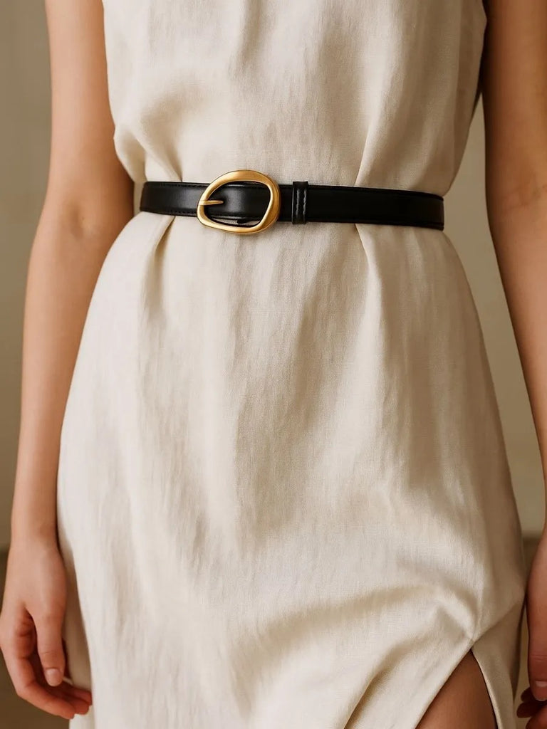 Ceinture femme en cuir, boucle dorée arrondie moderne, ceinture fine classique, accessoire mode 2025, modèle Adla