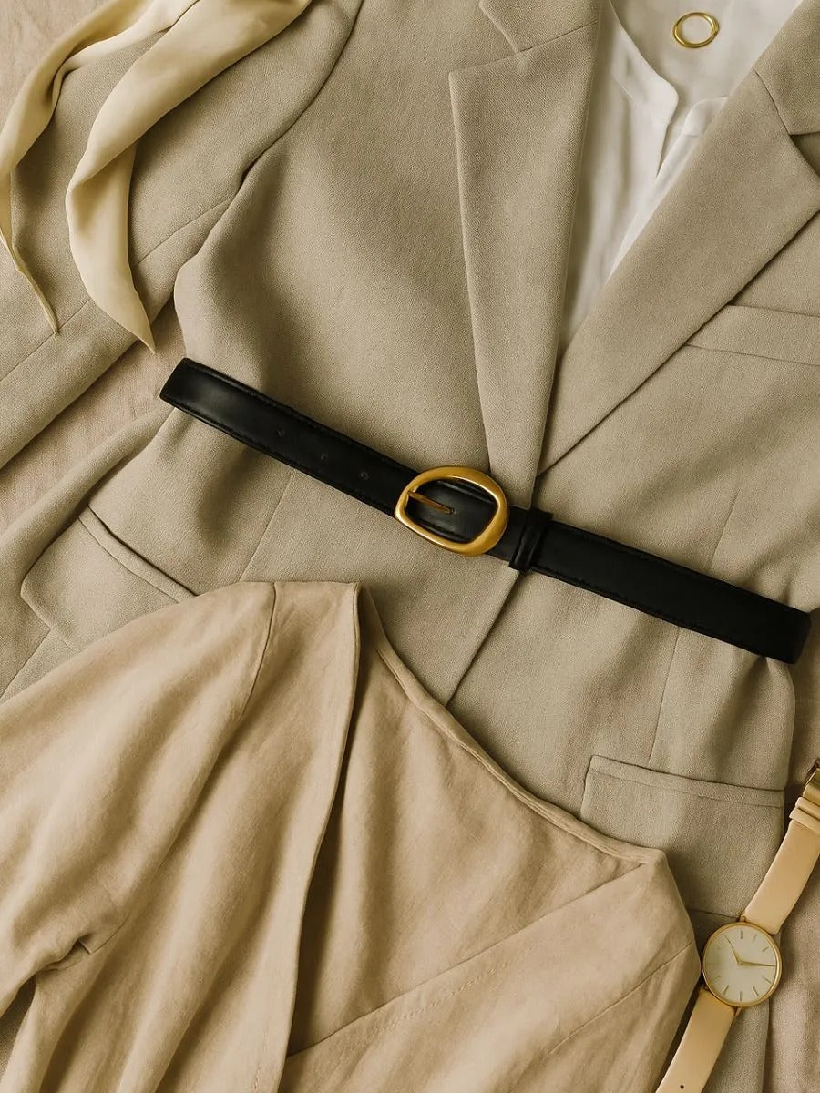 Ceinture femme en cuir, boucle dorée arrondie moderne, ceinture fine classique, accessoire mode 2025, modèle Adla