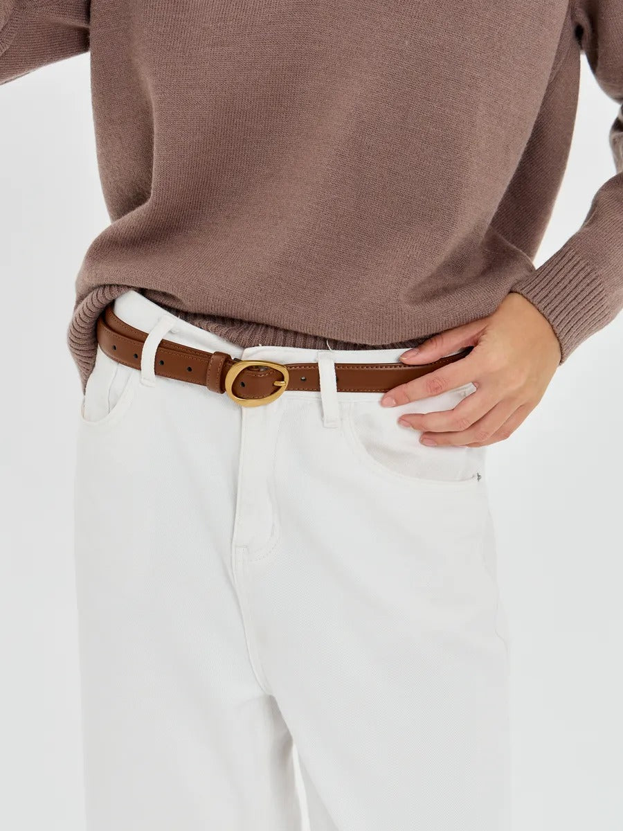 Ceinture femme en cuir, boucle dorée arrondie moderne, ceinture fine classique, accessoire mode 2025, modèle Adla