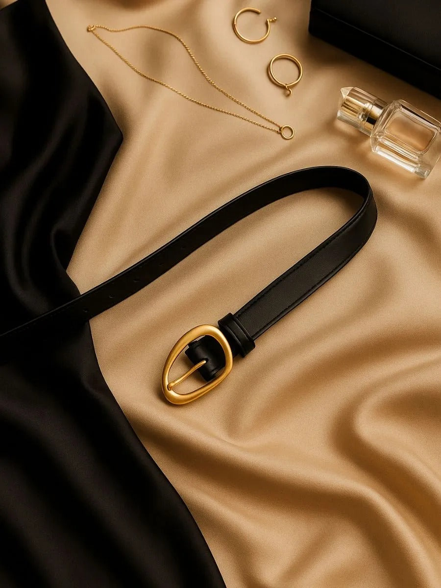 Ceinture femme en cuir, boucle dorée arrondie moderne, ceinture fine classique, accessoire mode 2025, modèle Adla