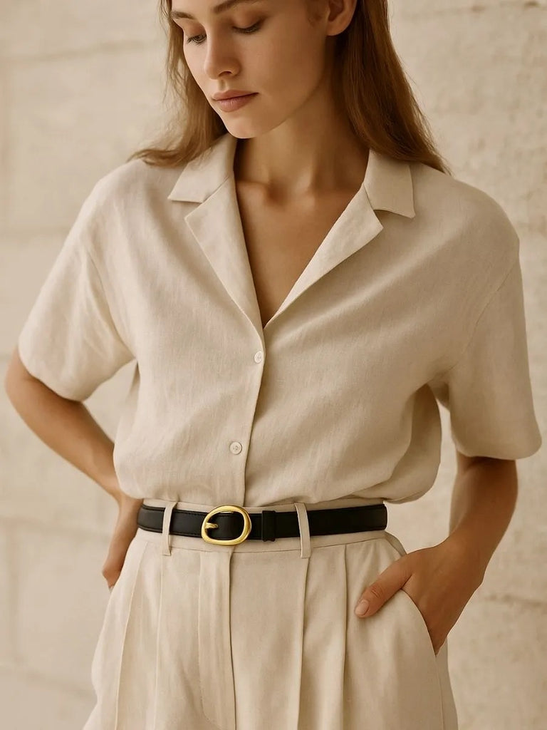 Ceinture femme en cuir, boucle dorée arrondie moderne, ceinture fine classique, accessoire mode 2025, modèle Adla