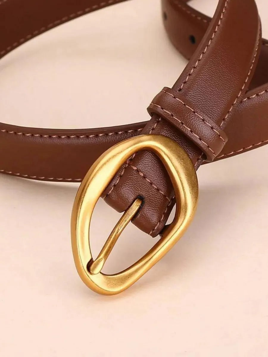 Ceinture femme en cuir, boucle dorée arrondie moderne, ceinture fine classique, accessoire mode 2025, modèle Adla