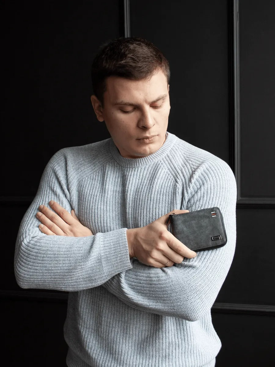 Portefeuille homme compact, fermeture zippée, simili vegan, trifold, format poche, modèle Stormy