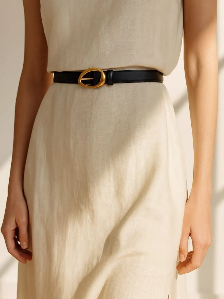 Ceinture femme en cuir, boucle dorée arrondie moderne, ceinture fine classique, accessoire mode 2025, modèle Adla