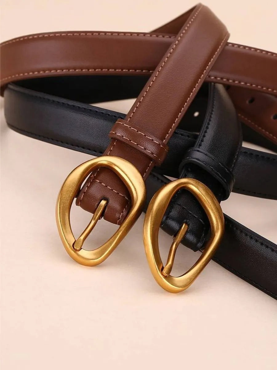 Ceinture femme en cuir, boucle dorée arrondie moderne, ceinture fine classique, accessoire mode 2025, modèle Adla