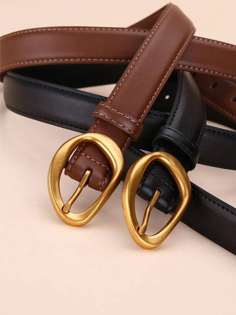 Ceinture femme en cuir, boucle dorée arrondie moderne, ceinture fine classique, accessoire mode 2025, modèle Adla