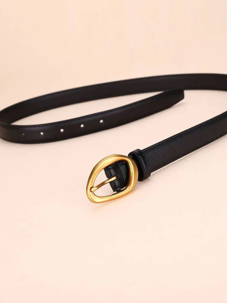 Ceinture femme en cuir, boucle dorée arrondie moderne, ceinture fine classique, accessoire mode 2025, modèle Adla