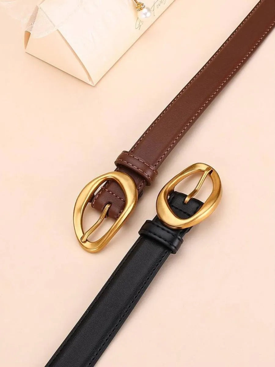 Ceinture femme en cuir, boucle dorée arrondie moderne, ceinture fine classique, accessoire mode 2025, modèle Adla