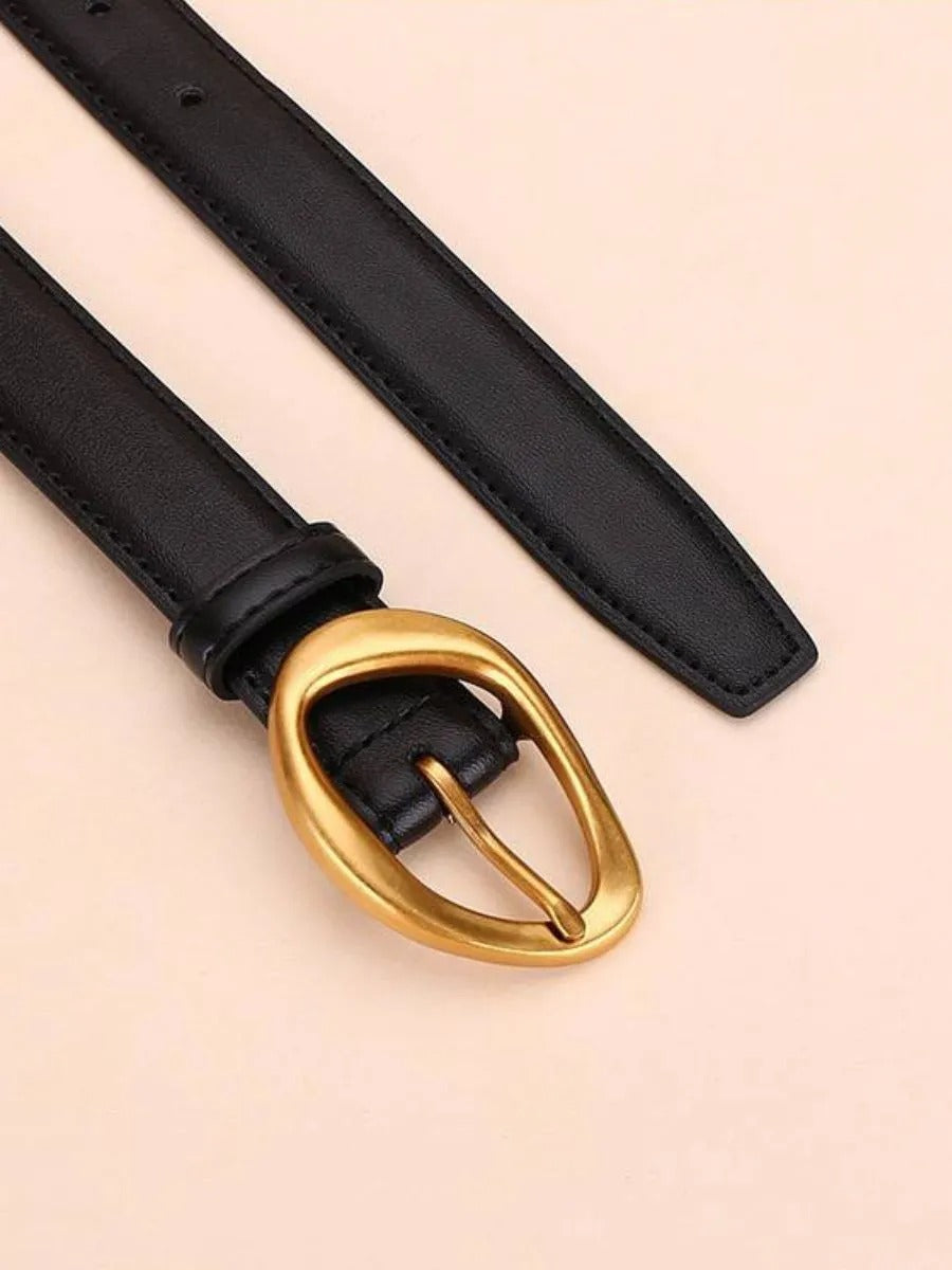 Ceinture femme en cuir, boucle dorée arrondie moderne, ceinture fine classique, accessoire mode 2025, modèle Adla