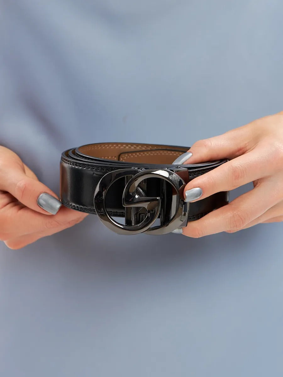 Ceinture en cuir femme, boucle automatique métal, boucle double G, largeur 3.5 cm, style classique moderne, modèle Gala