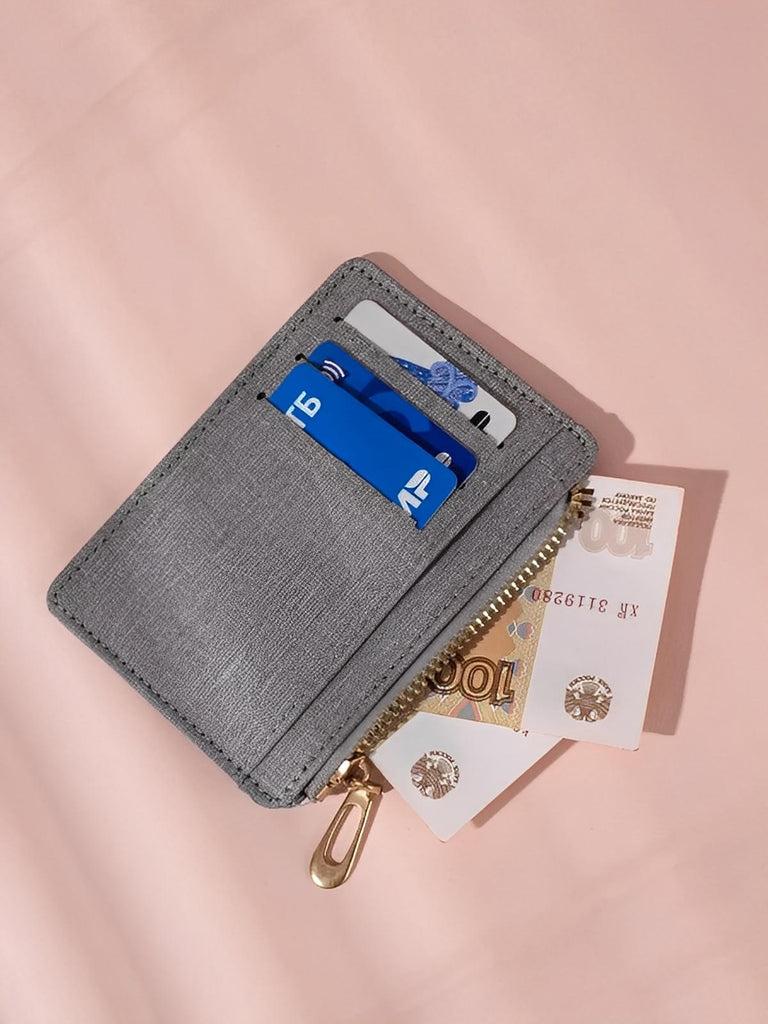 Portefeuille compact tissu zippé, porte-cartes mixte, ultra fin, gris noir bleu, modèle Zel