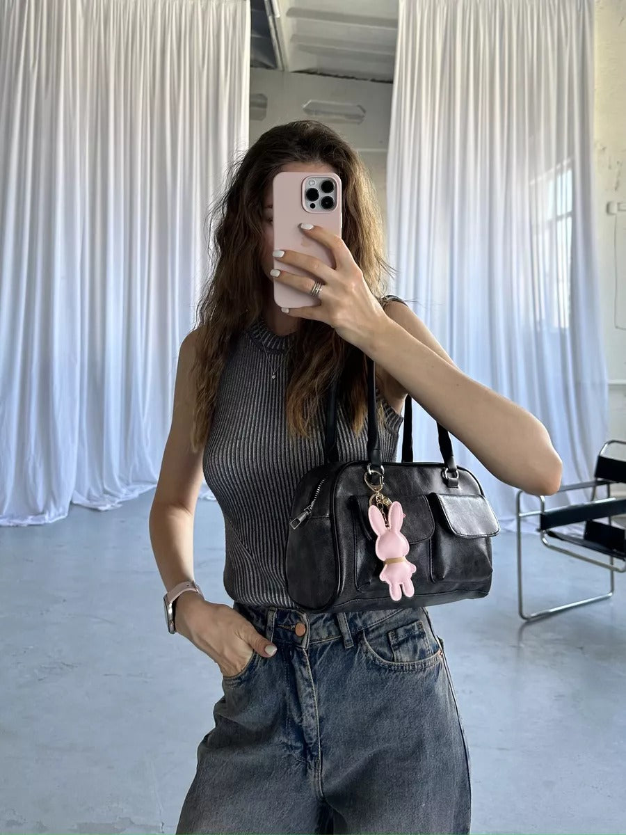 Bijou de sac lapin, porte-clés mignon, pompon cuir, breloque lapin, accessoire sac, modèle Lili