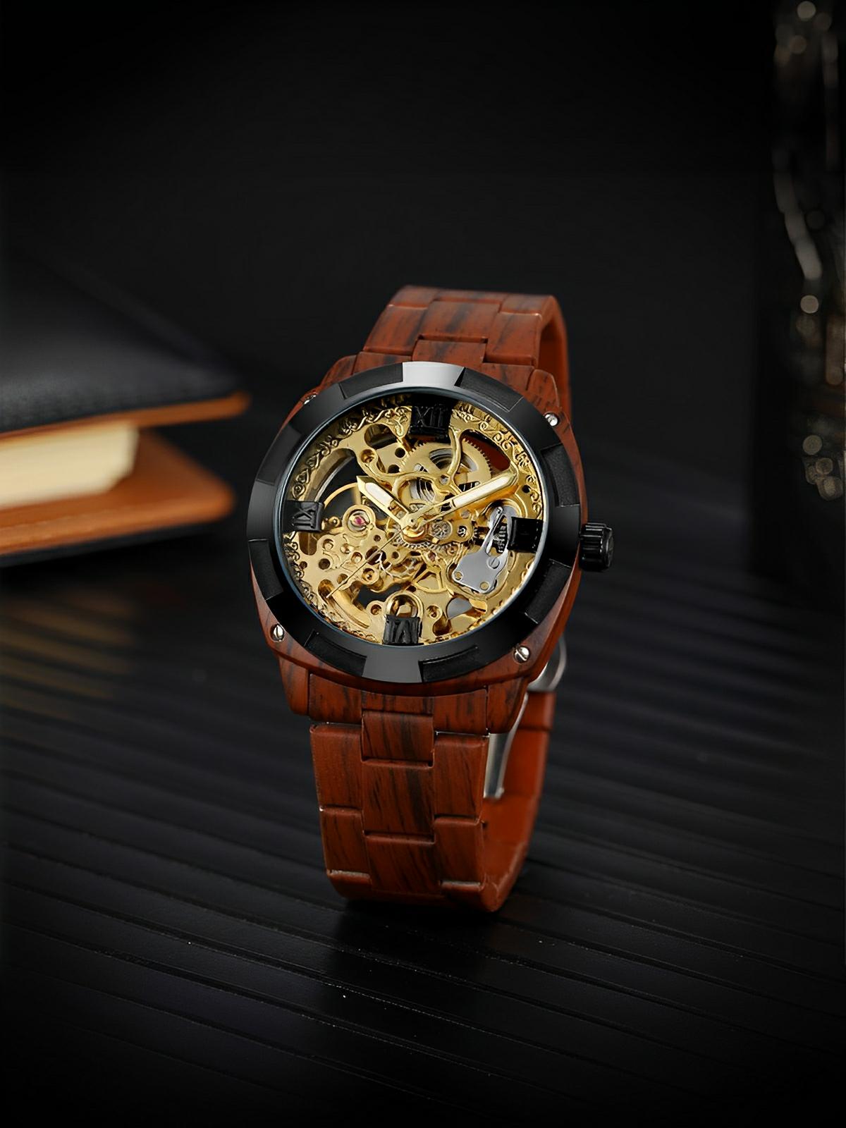 Montre automatique squelette, bracelet finition bois, mouvement mécanique, modèle Robin - Montre - Marron