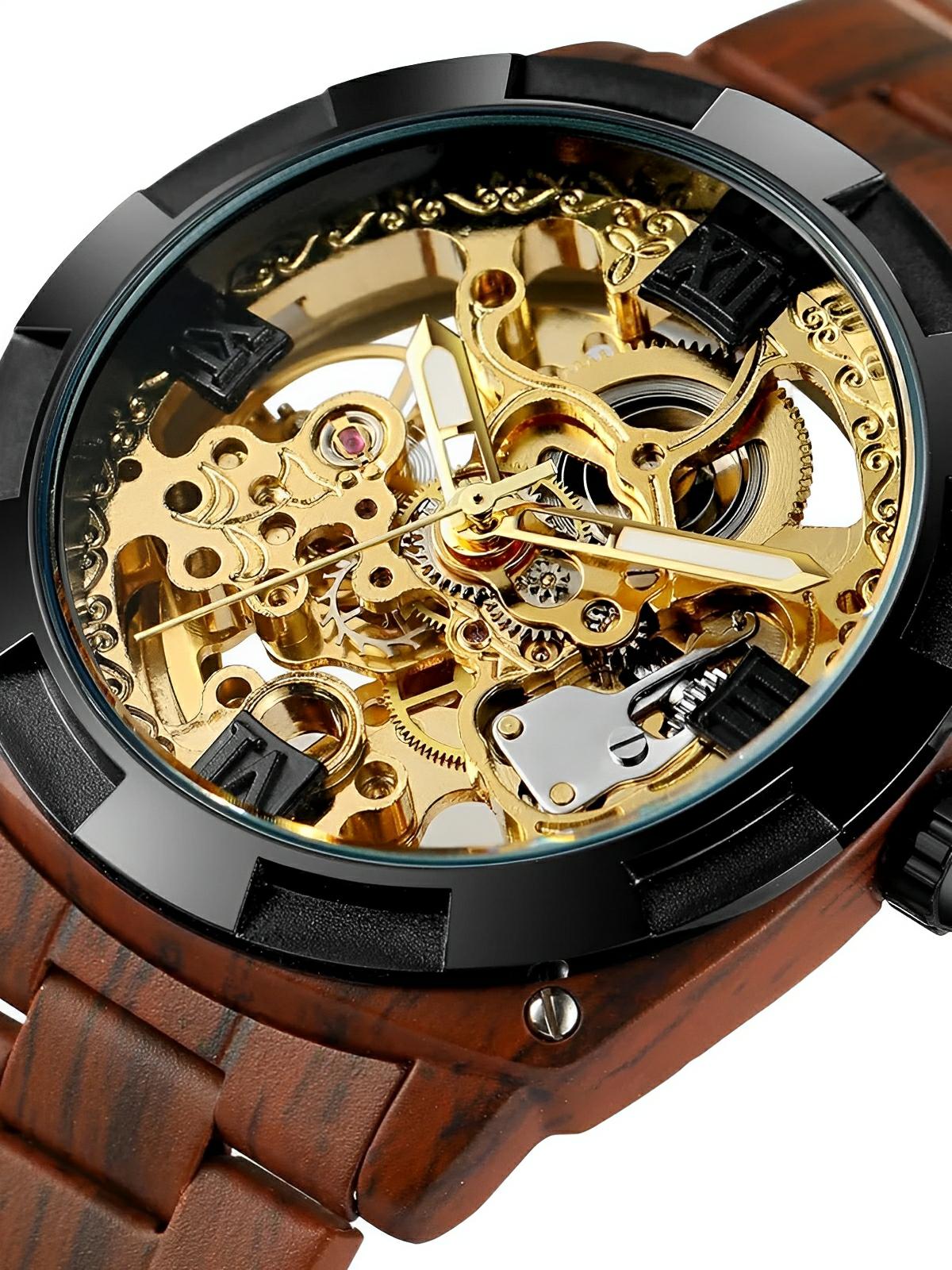 Montre automatique squelette, bracelet finition bois, mouvement mécanique, modèle Robin - Montre - Marron