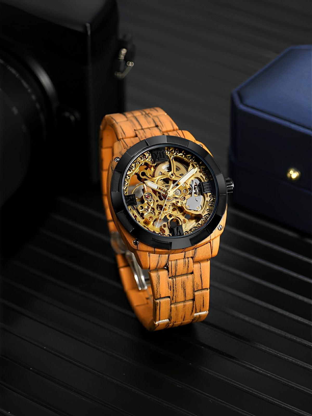Montre automatique squelette, bracelet finition bois, mouvement mécanique, modèle Robin - Montre - Cognac