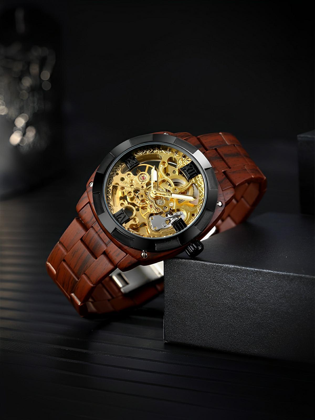 Montre automatique squelette, bracelet finition bois, mouvement mécanique, modèle Robin - Montre - Marron
