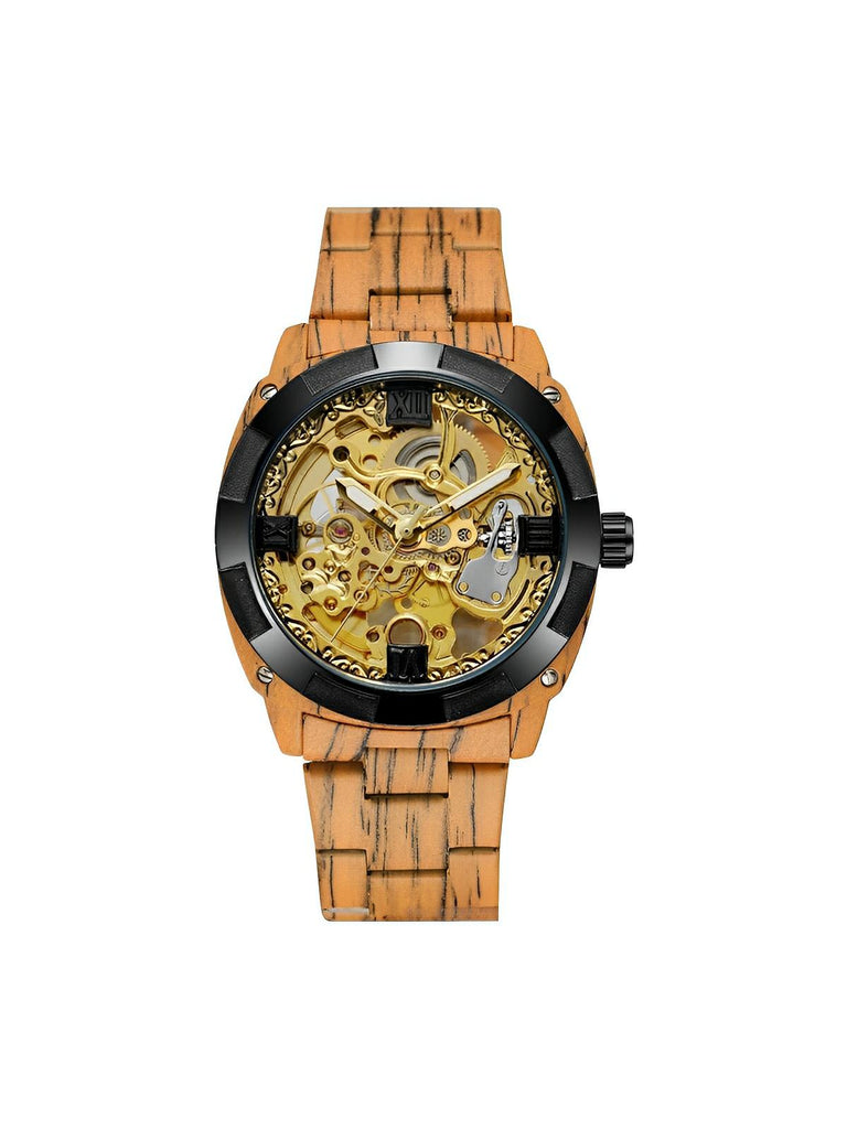 Montre automatique squelette, bracelet finition bois, mouvement mécanique, modèle Robin - Montre - Cognac