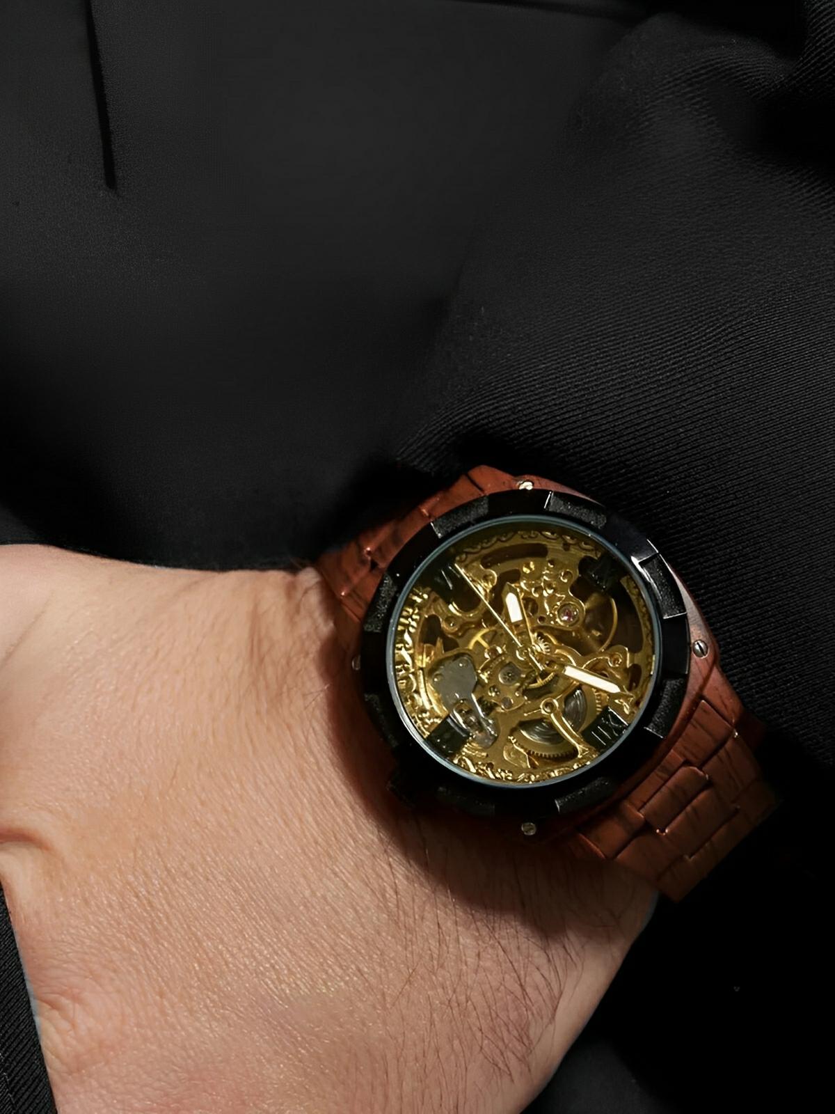 Montre automatique squelette, bracelet finition bois, mouvement mécanique, modèle Robin - Montre - Marron