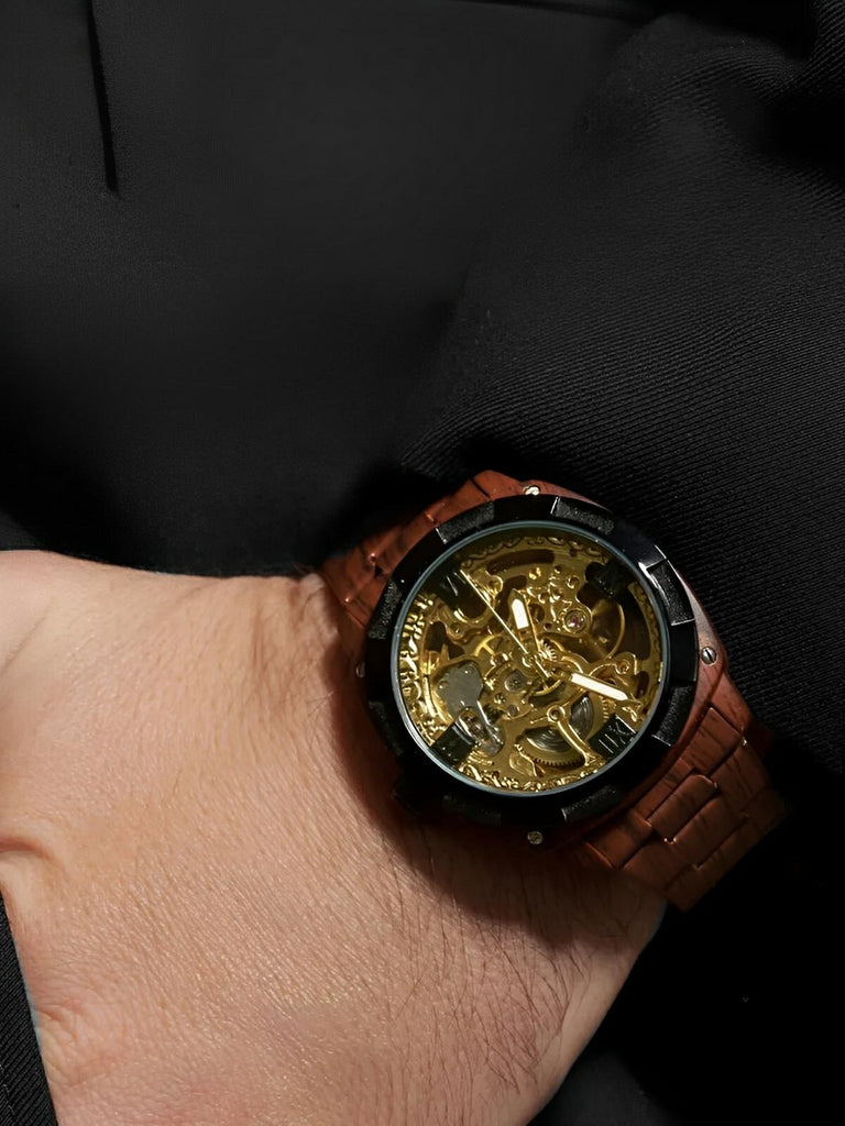 Montre automatique squelette, bracelet finition bois, mouvement mécanique, modèle Robin - Montre - Marron