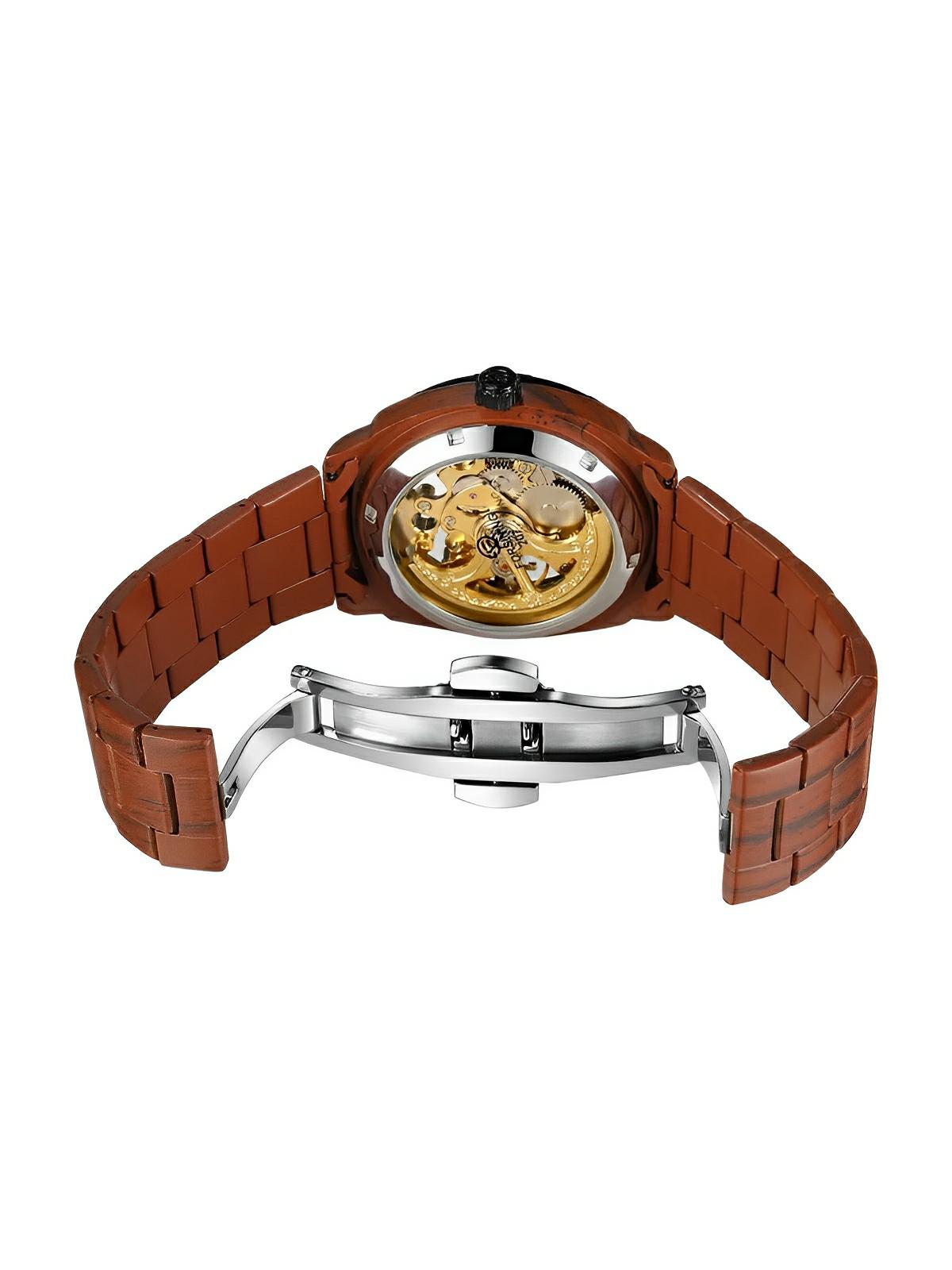 Montre automatique squelette, bracelet finition bois, mouvement mécanique, modèle Robin - Montre - Marron