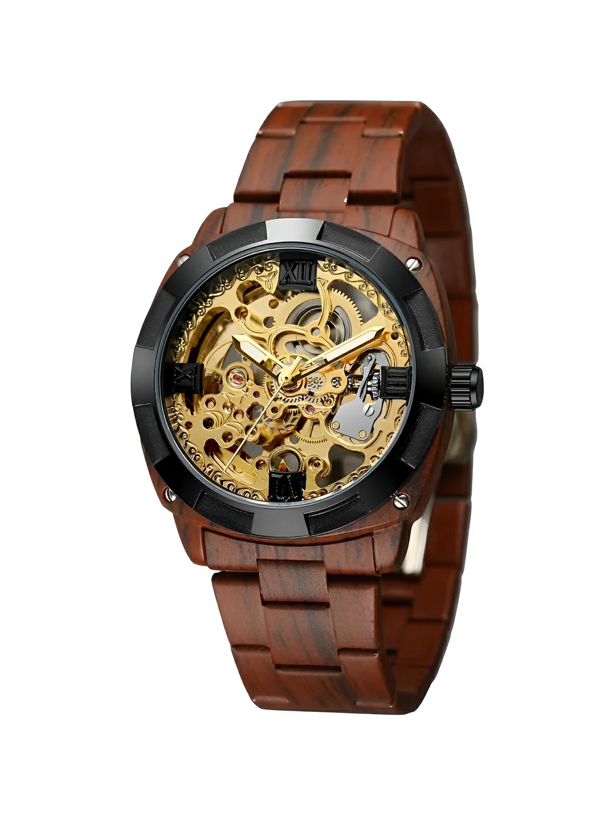 Montre automatique squelette, bracelet finition bois, mouvement mécanique, modèle Robin - Montre - Marron