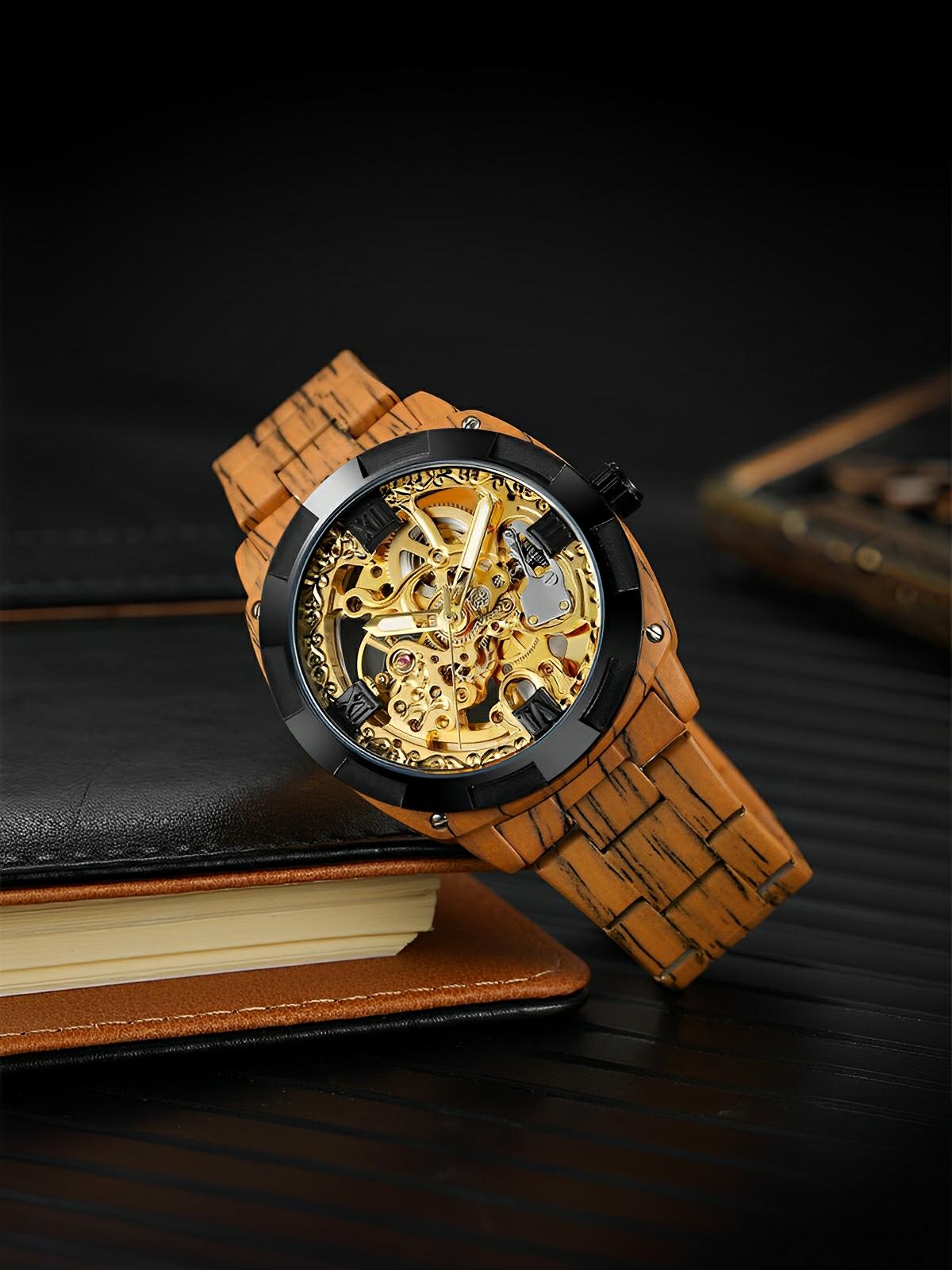 Montre automatique squelette, bracelet finition bois, mouvement mécanique, modèle Robin - Montre - Cognac