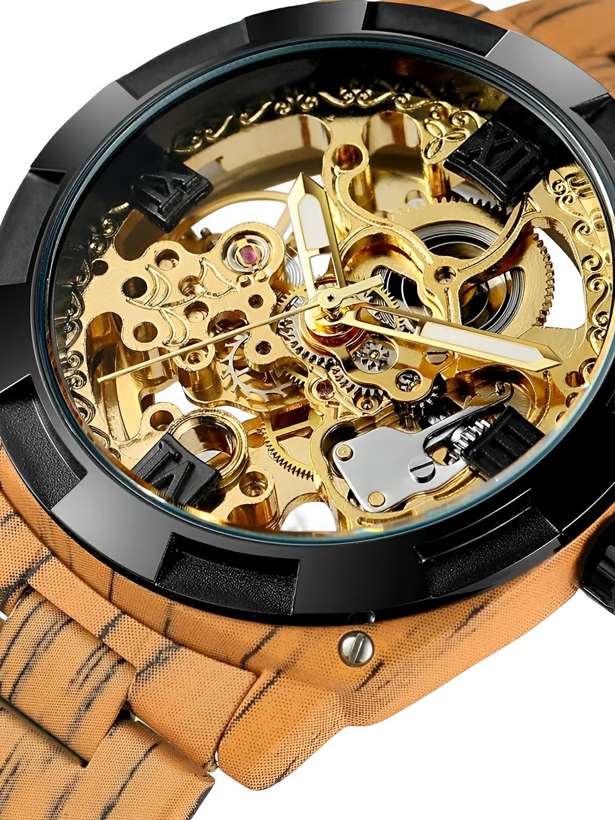 Montre automatique squelette, bracelet finition bois, mouvement mécanique, modèle Robin - Montre - Cognac
