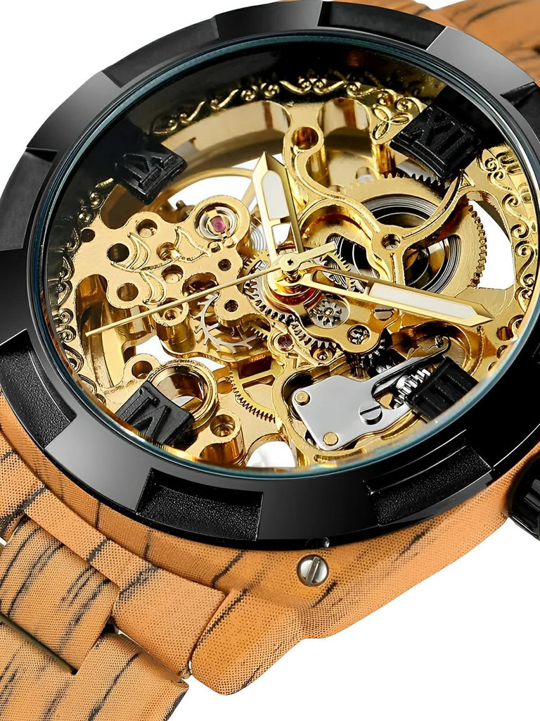 Montre automatique squelette, bracelet finition bois, mouvement mécanique, modèle Robin - Montre - Cognac