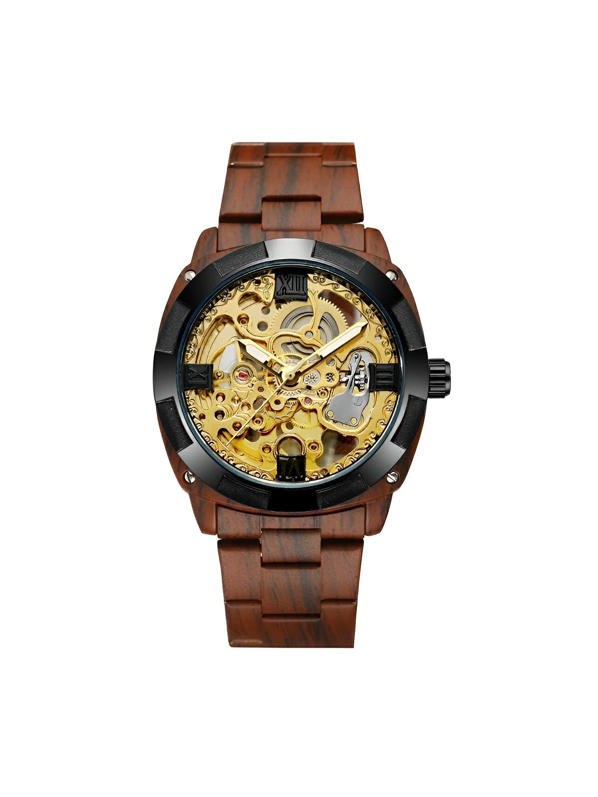 Montre automatique squelette, bracelet finition bois, mouvement mécanique, modèle Robin - Montre - Marron