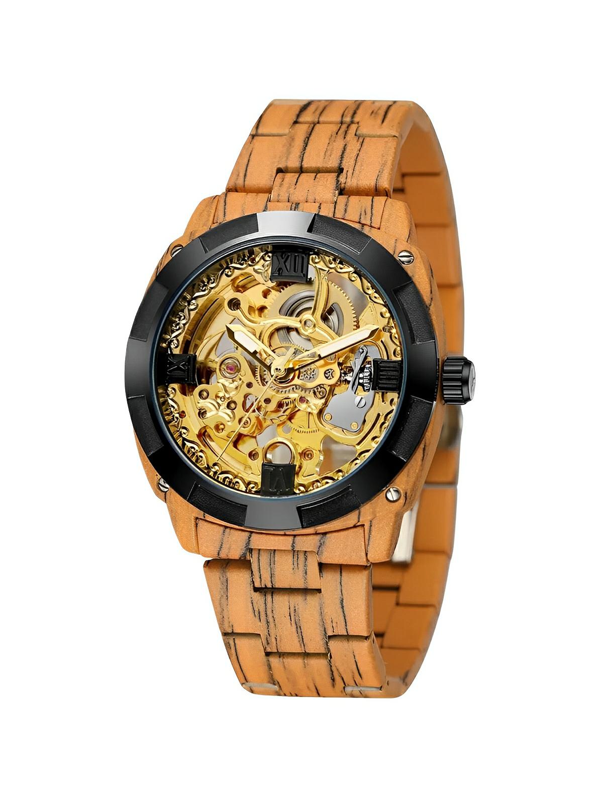 Montre automatique squelette, bracelet finition bois, mouvement mécanique, modèle Robin - Montre - Cognac