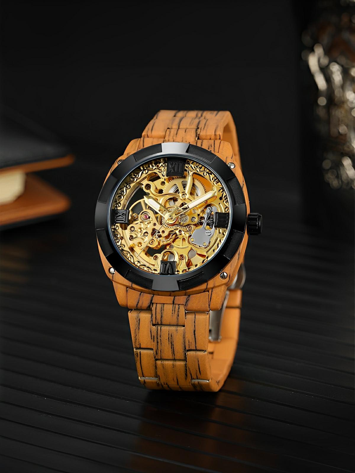 Montre automatique squelette, bracelet finition bois, mouvement mécanique, modèle Robin - Montre - Cognac