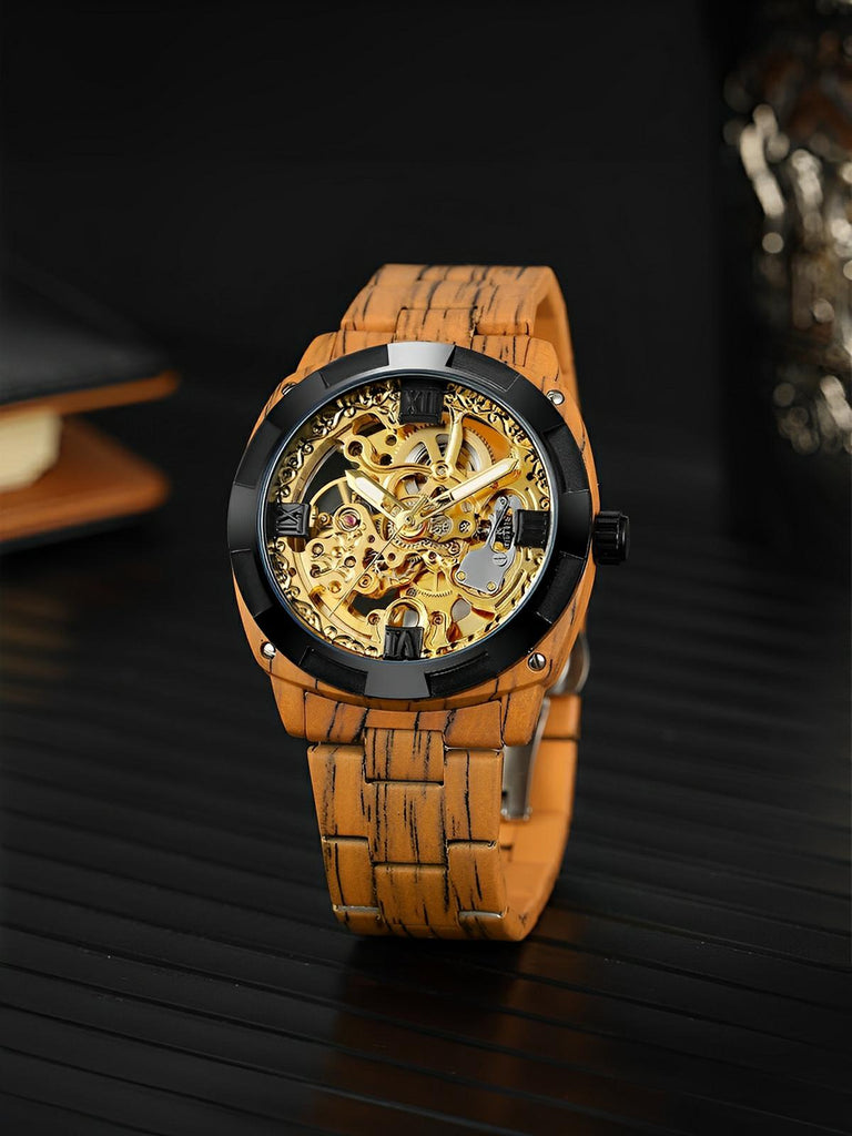 Montre automatique squelette, bracelet finition bois, mouvement mécanique, modèle Robin - Montre - Cognac