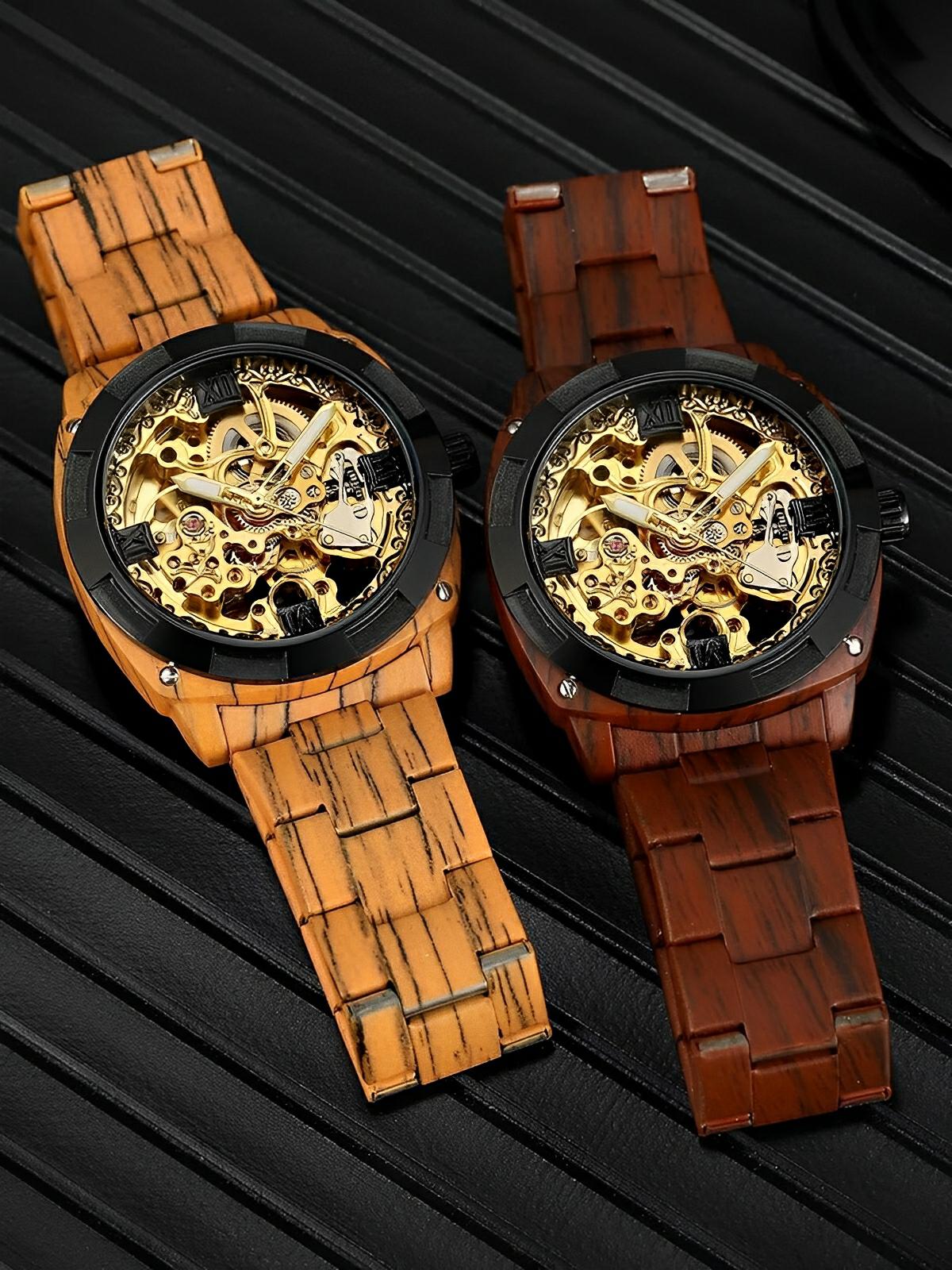 Montre automatique squelette, bracelet finition bois, mouvement mécanique, modèle Robin - Montre - Marron