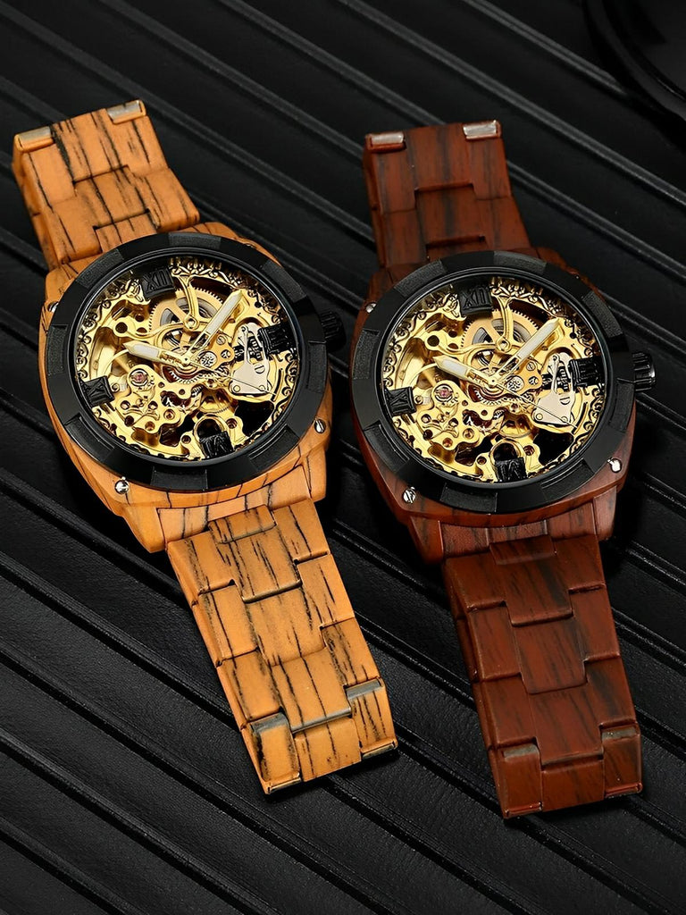 Montre automatique squelette, bracelet finition bois, mouvement mécanique, modèle Robin - Montre - Marron