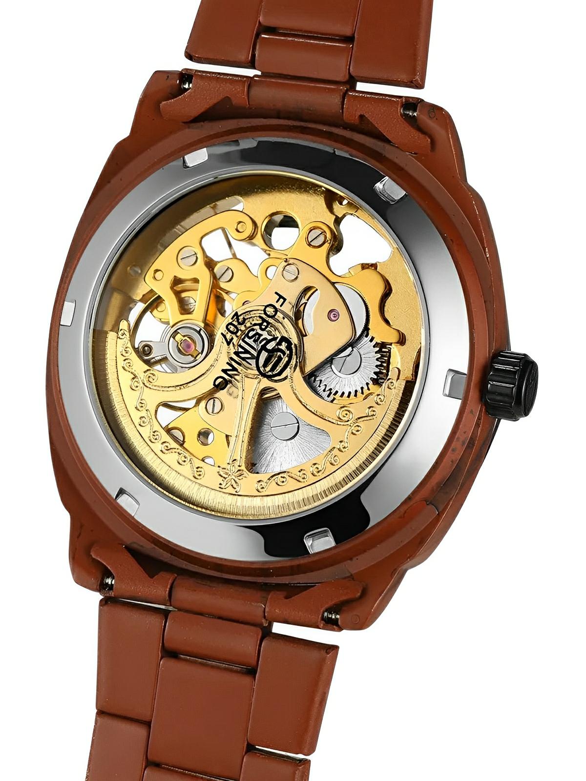 Montre automatique squelette, bracelet finition bois, mouvement mécanique, modèle Robin - Montre - Marron
