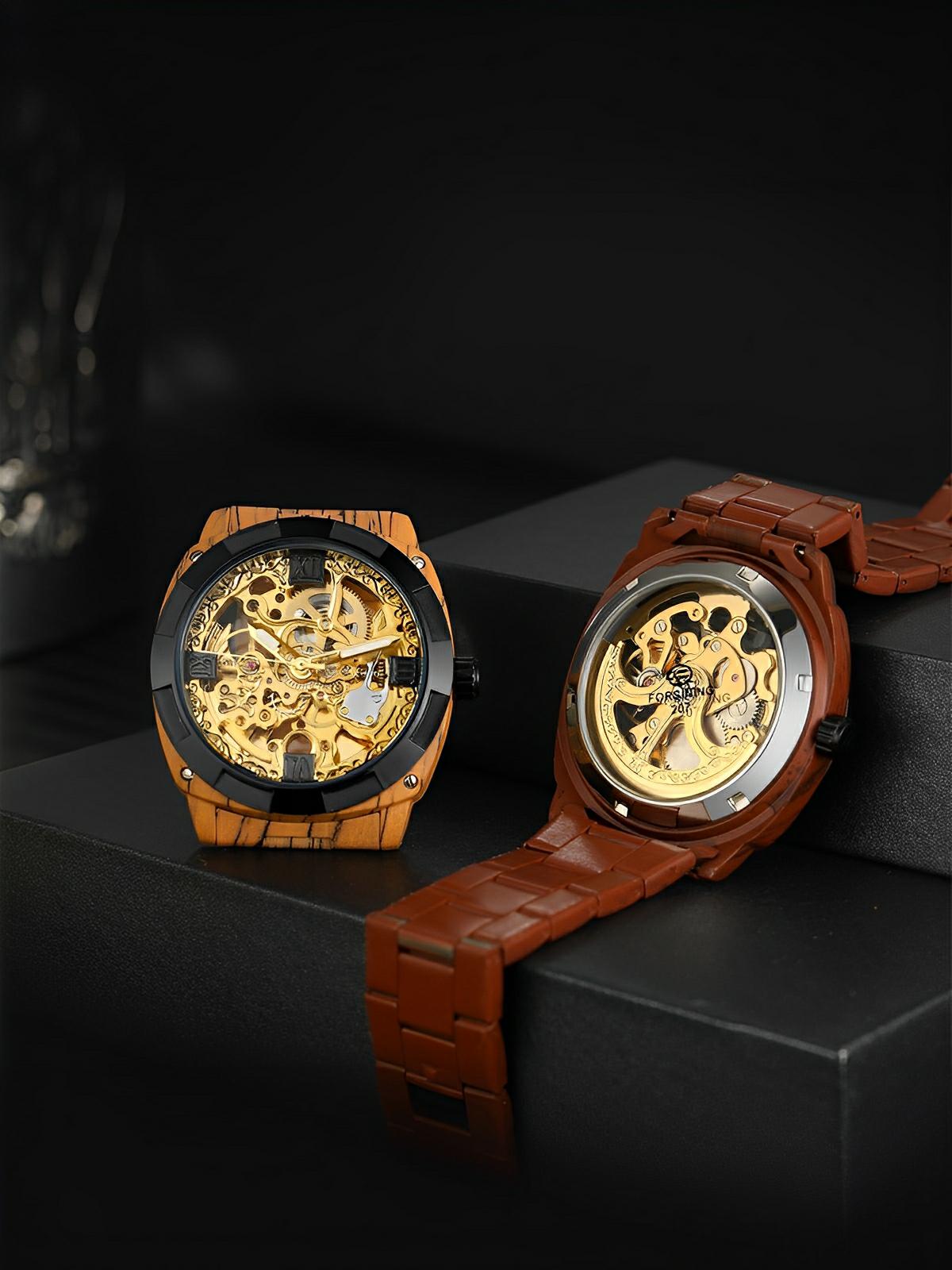 Montre automatique squelette, bracelet finition bois, mouvement mécanique, modèle Robin - Montre - Marron
