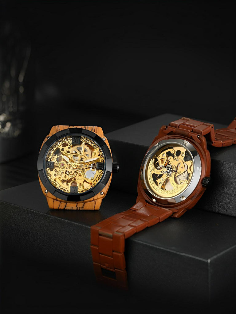 Montre automatique squelette, bracelet finition bois, mouvement mécanique, modèle Robin - Montre - Marron