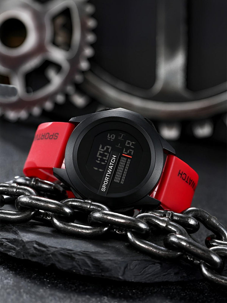 Montre digitale sportive, grand cadran, étanche 50m, chronomètre, affichage LED, en silicone, modèle Sopra - Montre - Rouge