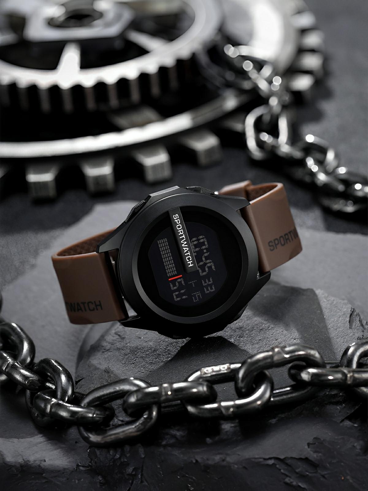 Montre digitale sportive, grand cadran, étanche 50m, chronomètre, affichage LED, en silicone, modèle Sopra - Montre - Marron