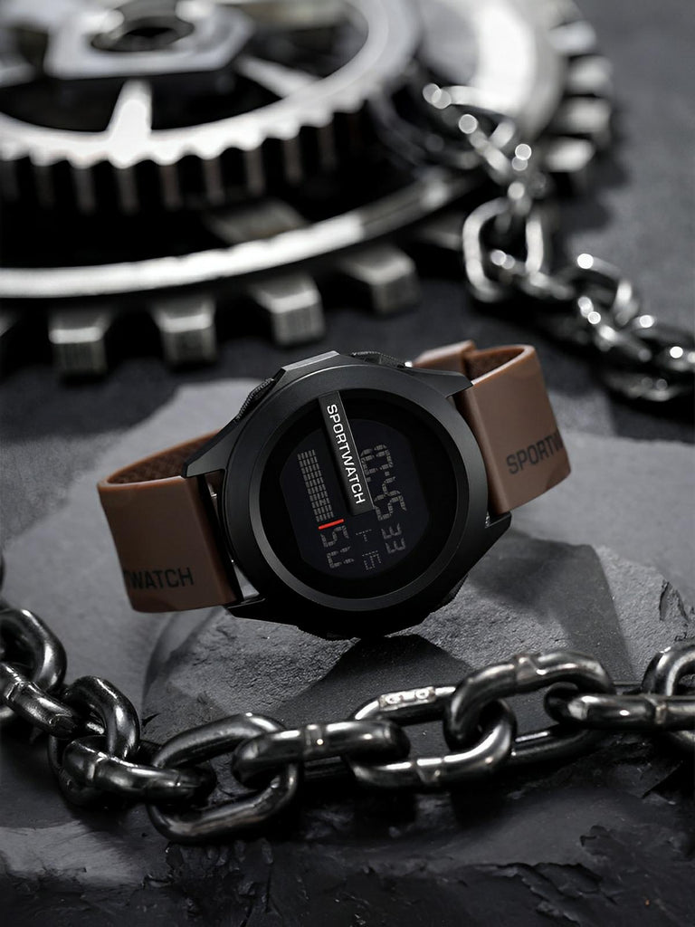 Montre digitale sportive, grand cadran, étanche 50m, chronomètre, affichage LED, en silicone, modèle Sopra - Montre - Marron