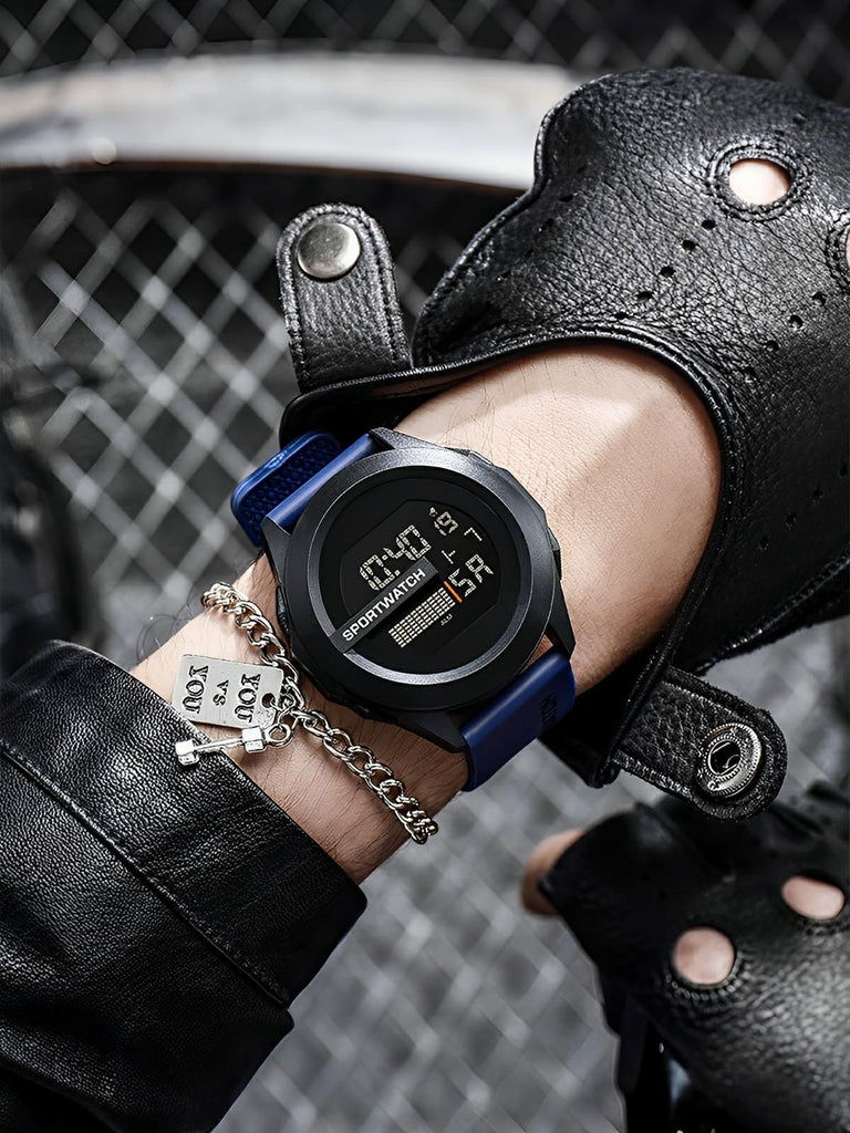 Montre digitale sportive, grand cadran, étanche 50m, chronomètre, affichage LED, en silicone, modèle Sopra - Montre - Bleu