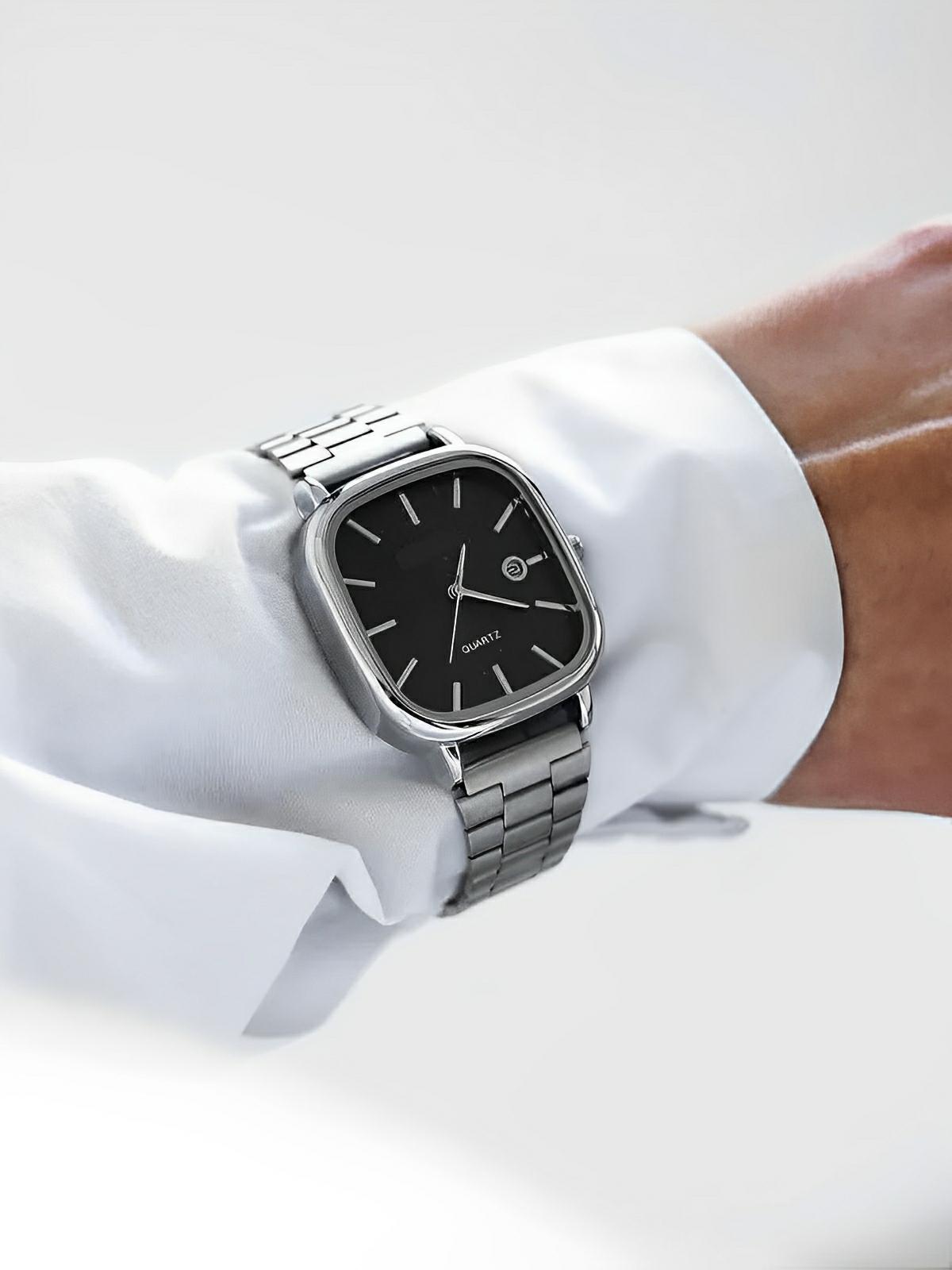 Montre en acier inoxydable, cadran carré, affichage date, étanche 30M, style classique et moderne, modèle Déri - Montre - Argent et noir