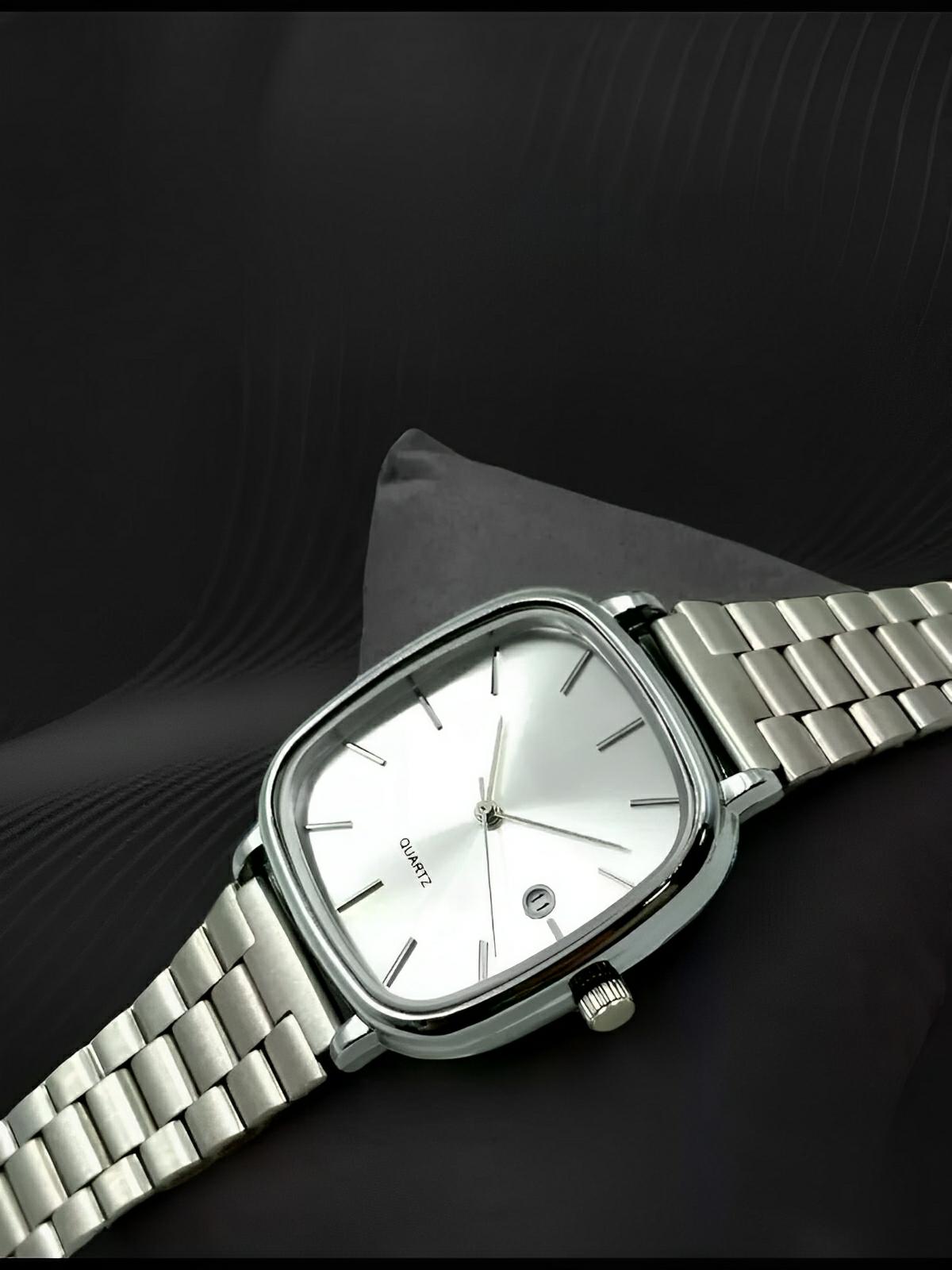 Montre en acier inoxydable, cadran carré, affichage date, étanche 30M, style classique et moderne, modèle Déri - Montre - Argent et blanc