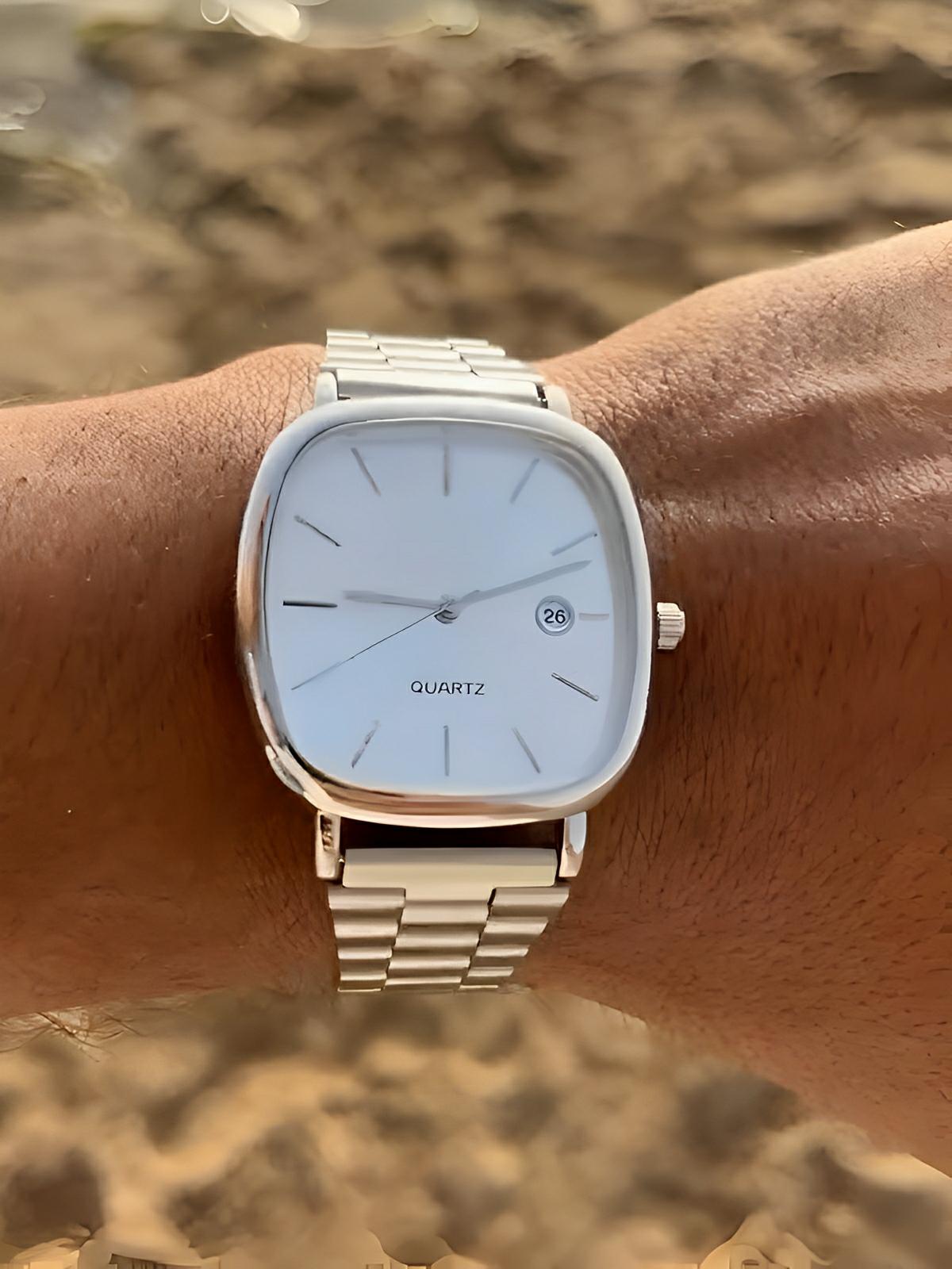 Montre en acier inoxydable, cadran carré, affichage date, étanche 30M, style classique et moderne, modèle Déri - Montre - Argent et blanc