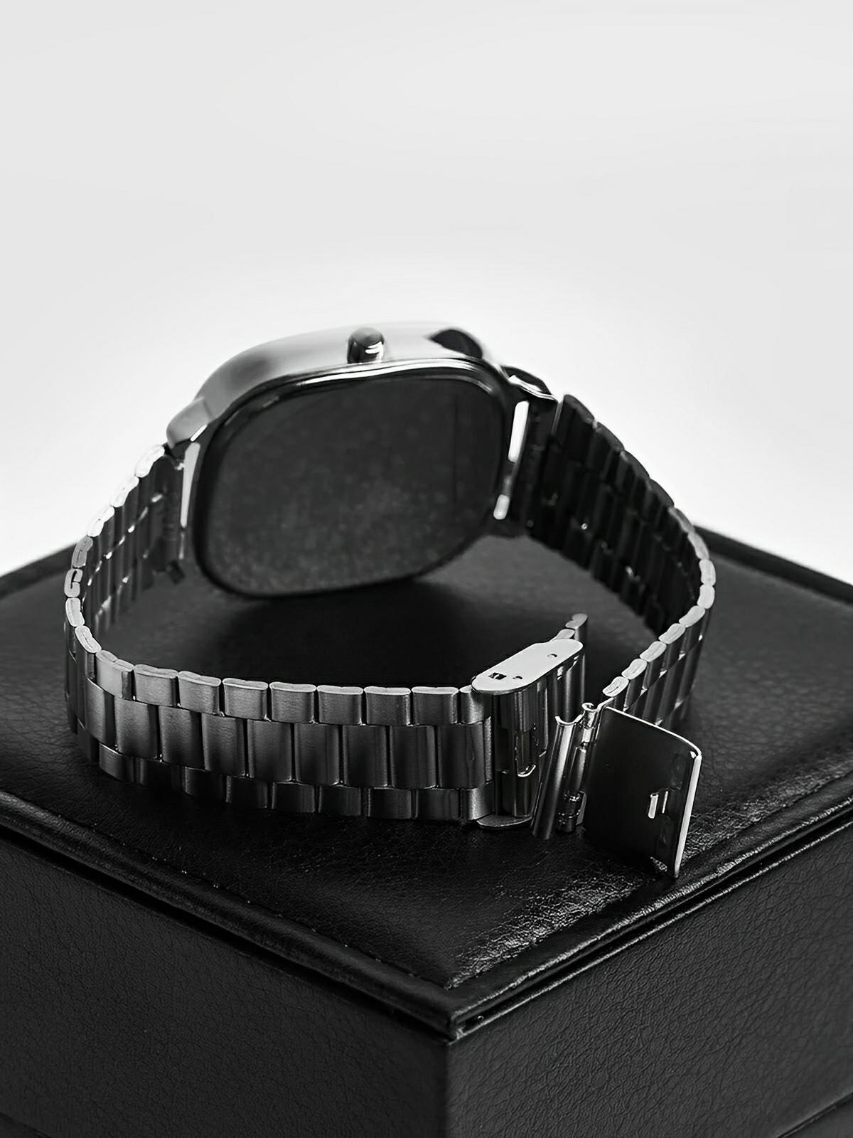 Montre en acier inoxydable, cadran carré, affichage date, étanche 30M, style classique et moderne, modèle Déri - Montre - Argent et blanc